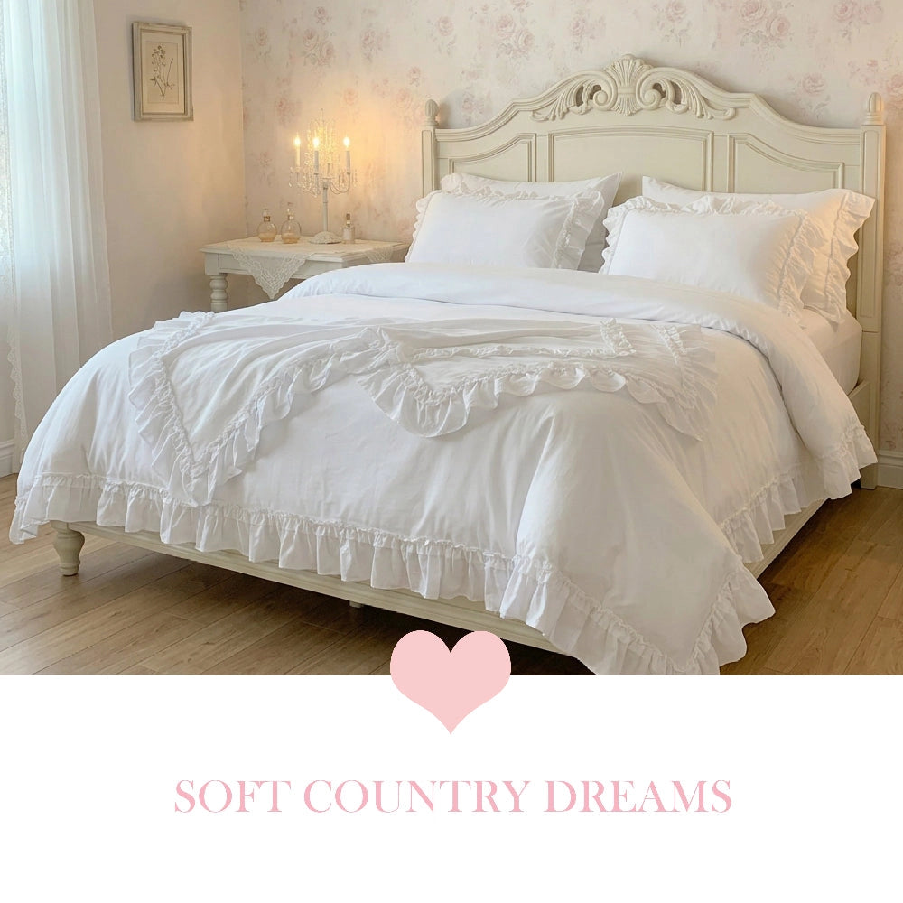 Ruffled Bedding Set styled in white showcasing country charm bedroom decor with layered ruffle details