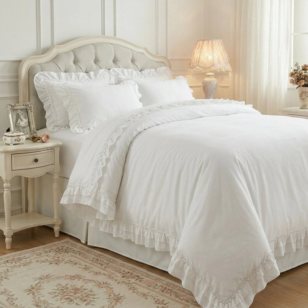 Ruffled Bedding Set white duvet cover set styled in shabby chic bedroom décor