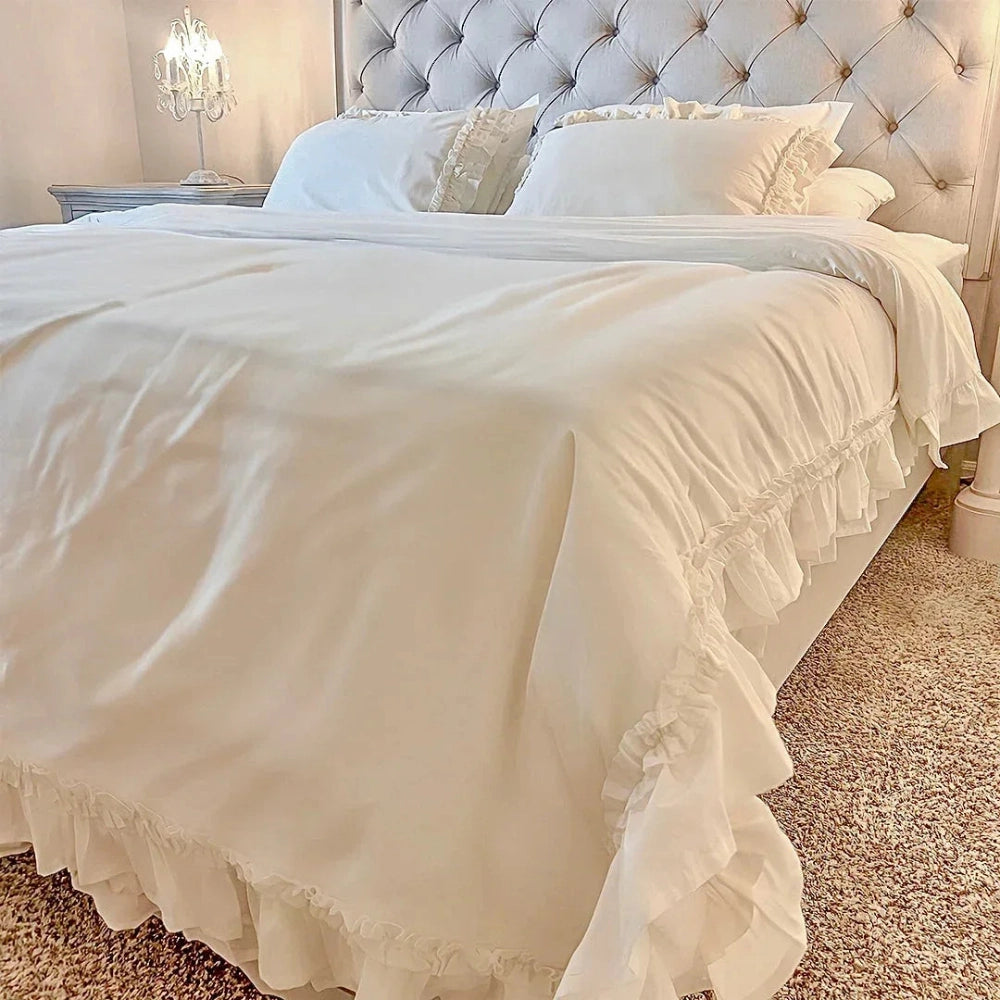 Ruffled Bedding Set white layered ruffle design styled on iron bed in shabby chic decor bedroom