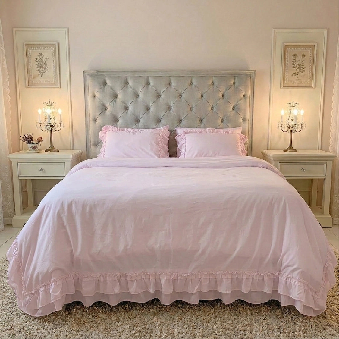 Ruffled Duvet Cover styled on a bed with tufted headboard in a bedroom
