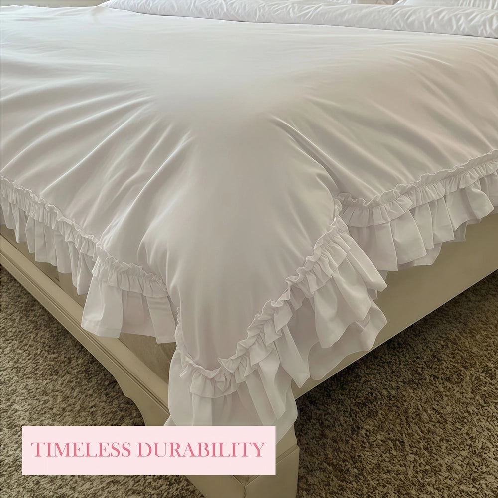 Ruffled Duvet Cover corner detail with timeless durability text overlay