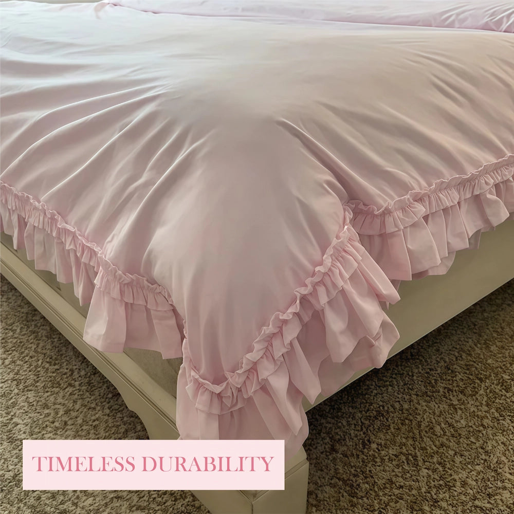 Ruffled Duvet Cover corner with durability details displayed on fabric close-up