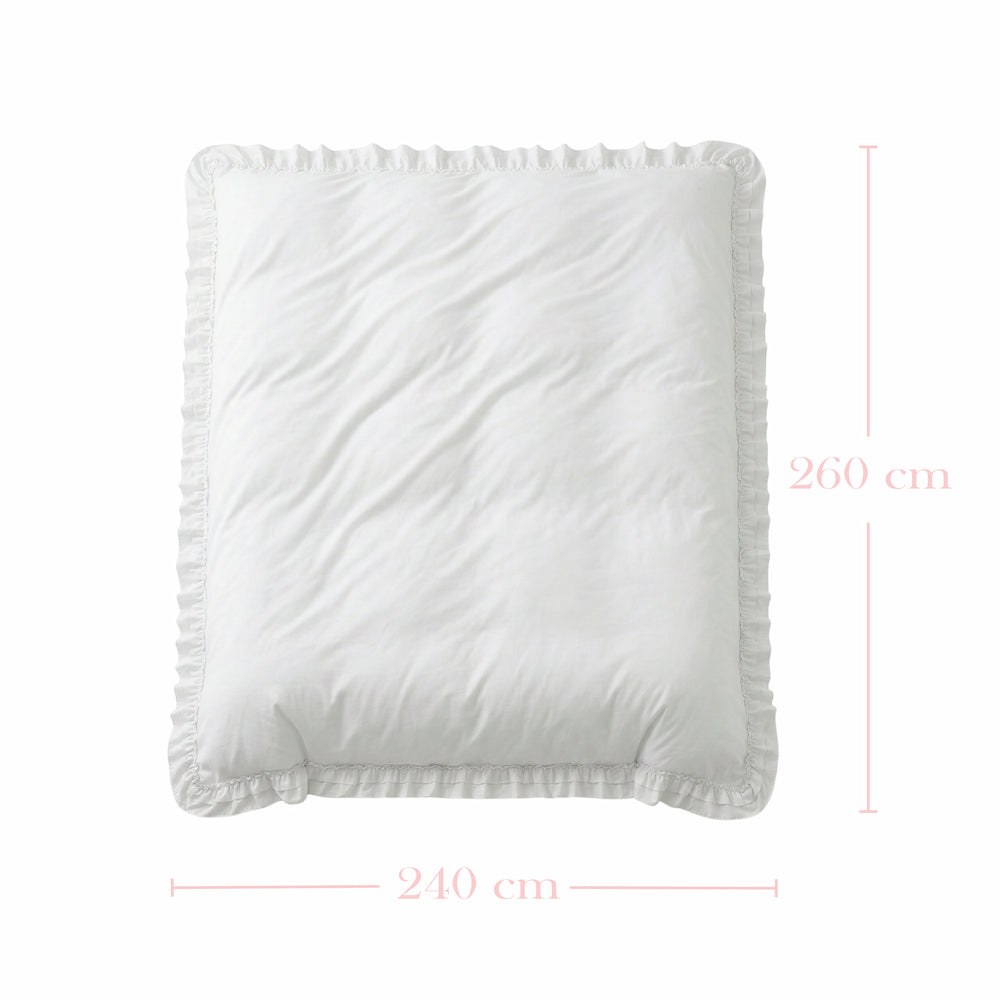 Ruffled Duvet Cover dimensions displayed on white background in off-white
