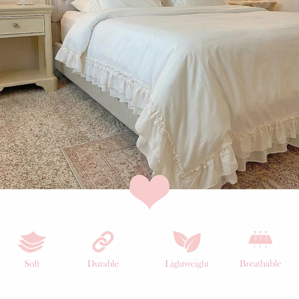 Ruffled Duvet Cover features soft lightweight breathable fabric details on white background