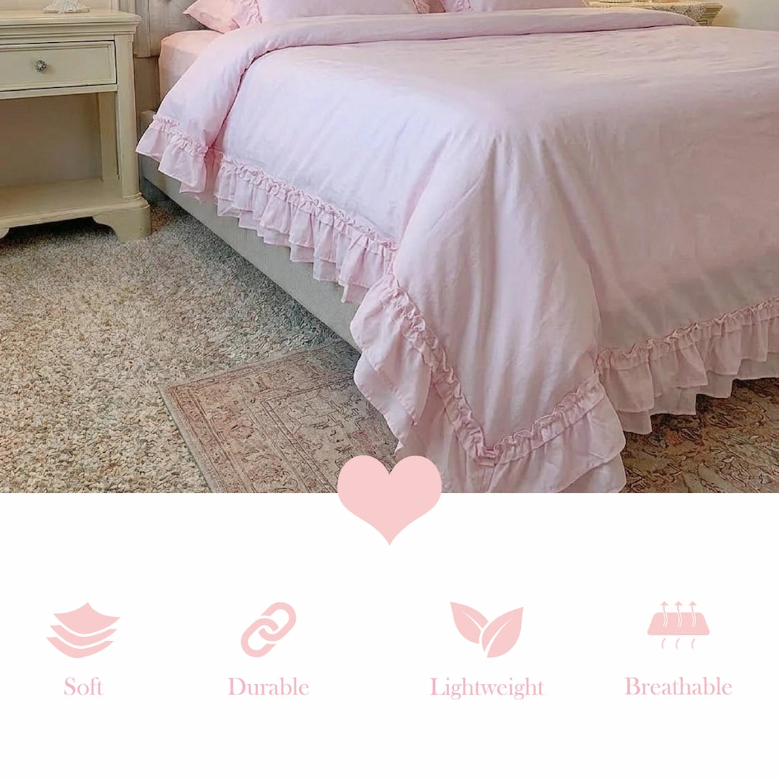 Ruffled Duvet Cover pink with soft, durable, breathable fabric features