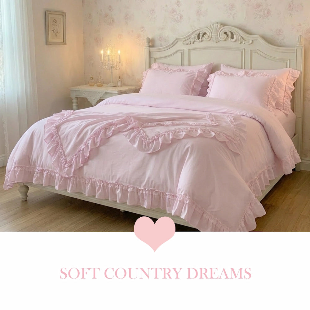 Ruffled Bedding Set in soft pink with layered ruffle details for shabby chic bedroom styling