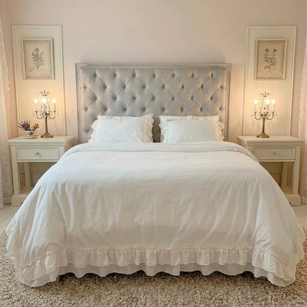 Ruffled Duvet Cover white bedding styled on grey tufted headboard in shabby chic bedroom
