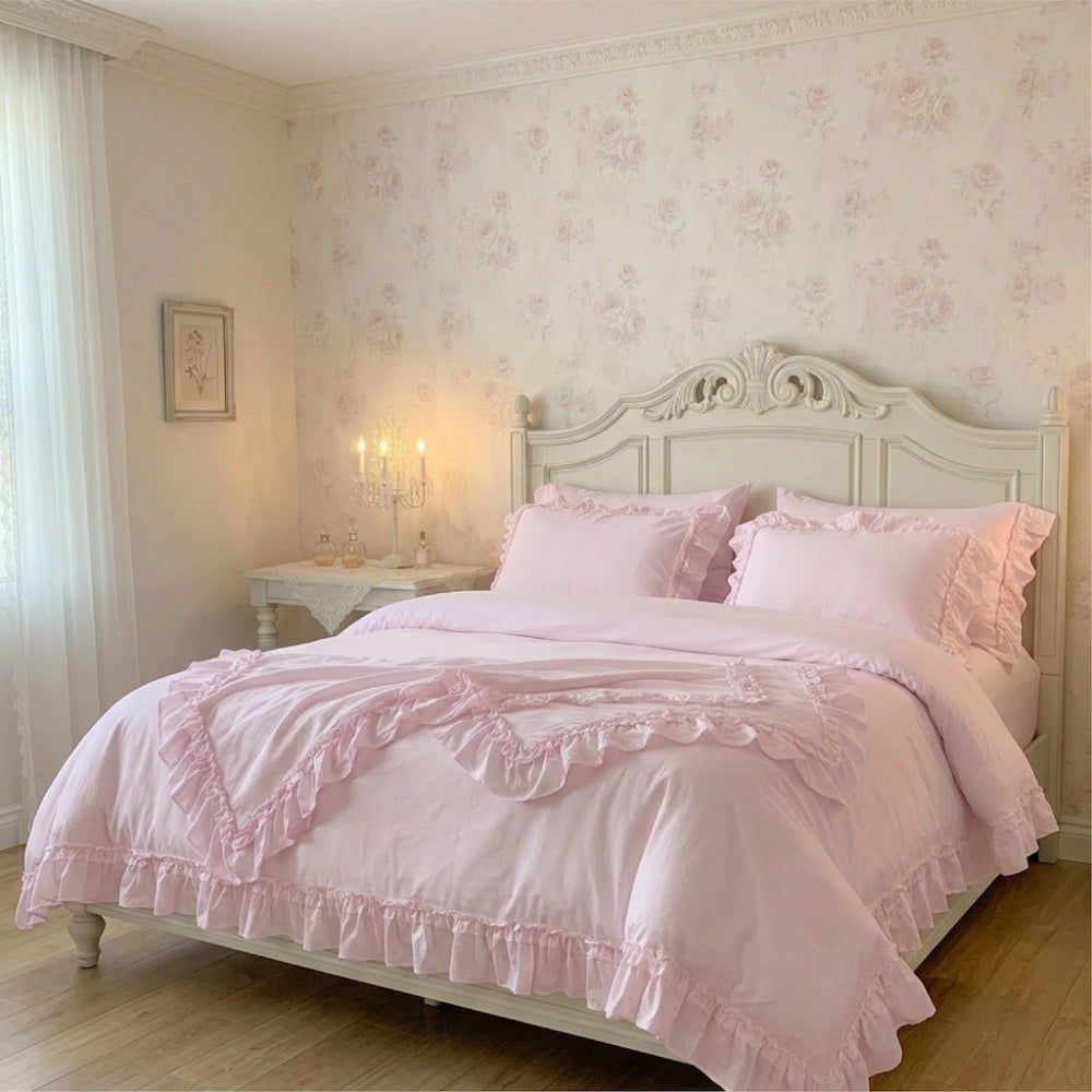 Ruffled Duvet Cover displayed on a wooden bed in a shabby chic bedroom interior
