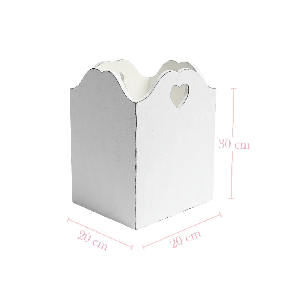 Rustic Heart Cut Out Wooden Basket dimensions shown on white background