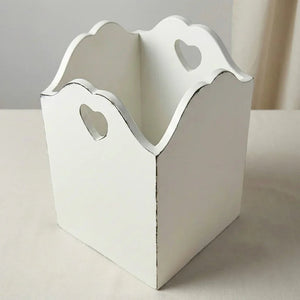 Rustic Heart Cut Out Wooden Basket white decorative box with heart cutouts on light gray background