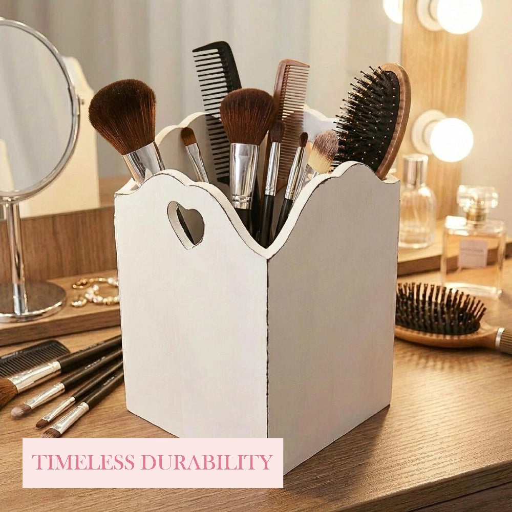 Rustic Heart Cut Out Wooden Basket filled with makeup items and product text overlay