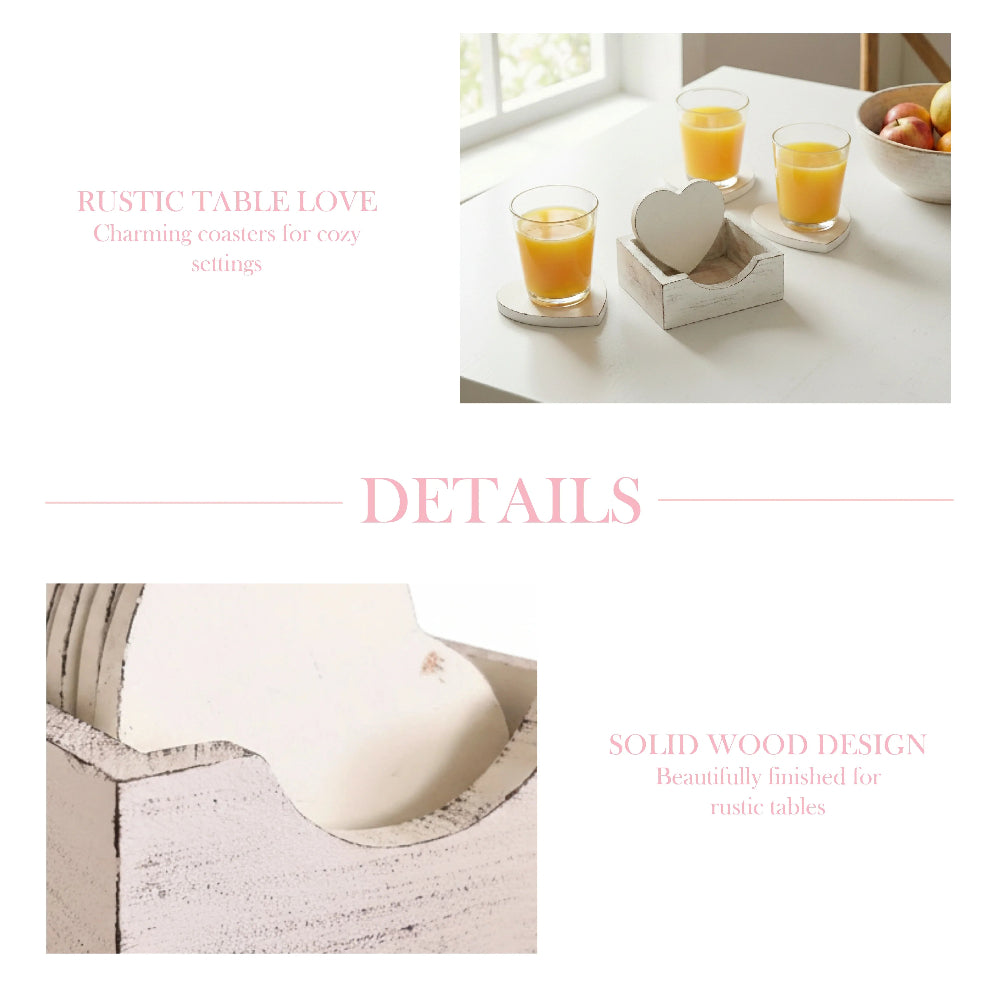 Collage showing orange juice on heart coasters, a wooden holder, and pink text overlays for rustic table details.