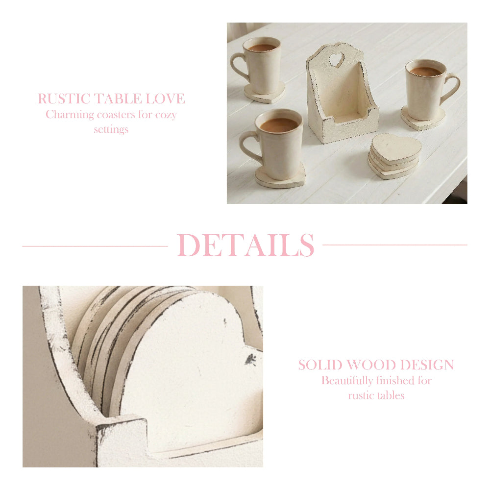 Collage showing three mugs on heart coasters next to a tall wooden holder with pink marketing text overlays.