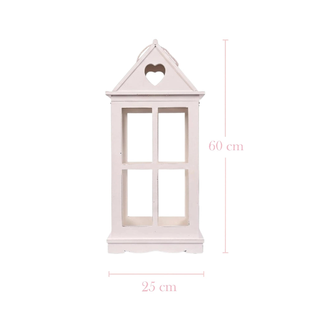 Rustic Wooden Heart Cut-Out Lantern dimensions with white heart design on white background