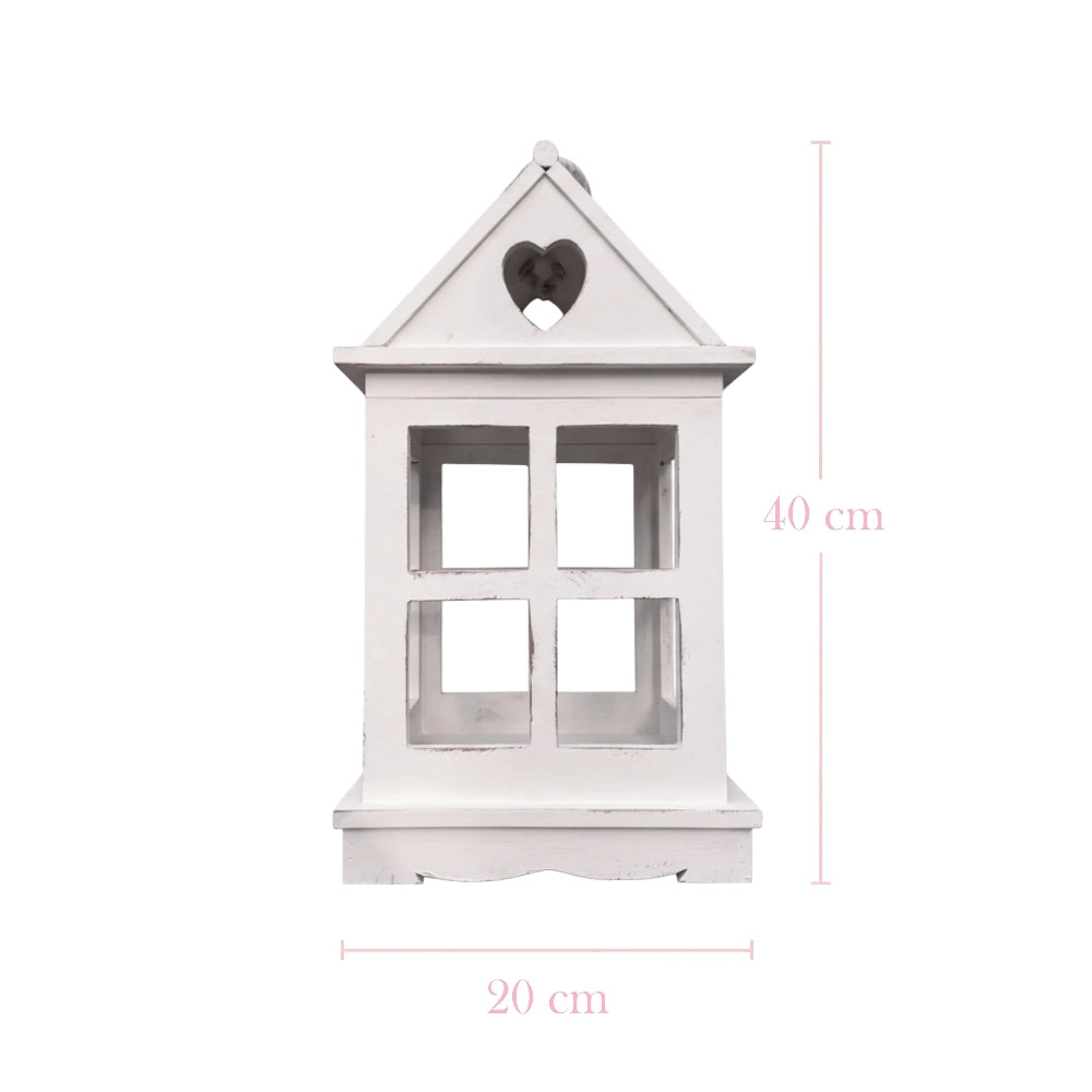 Rustic Wooden Heart Cut-Out Lantern with solid wood heart cutouts on white background