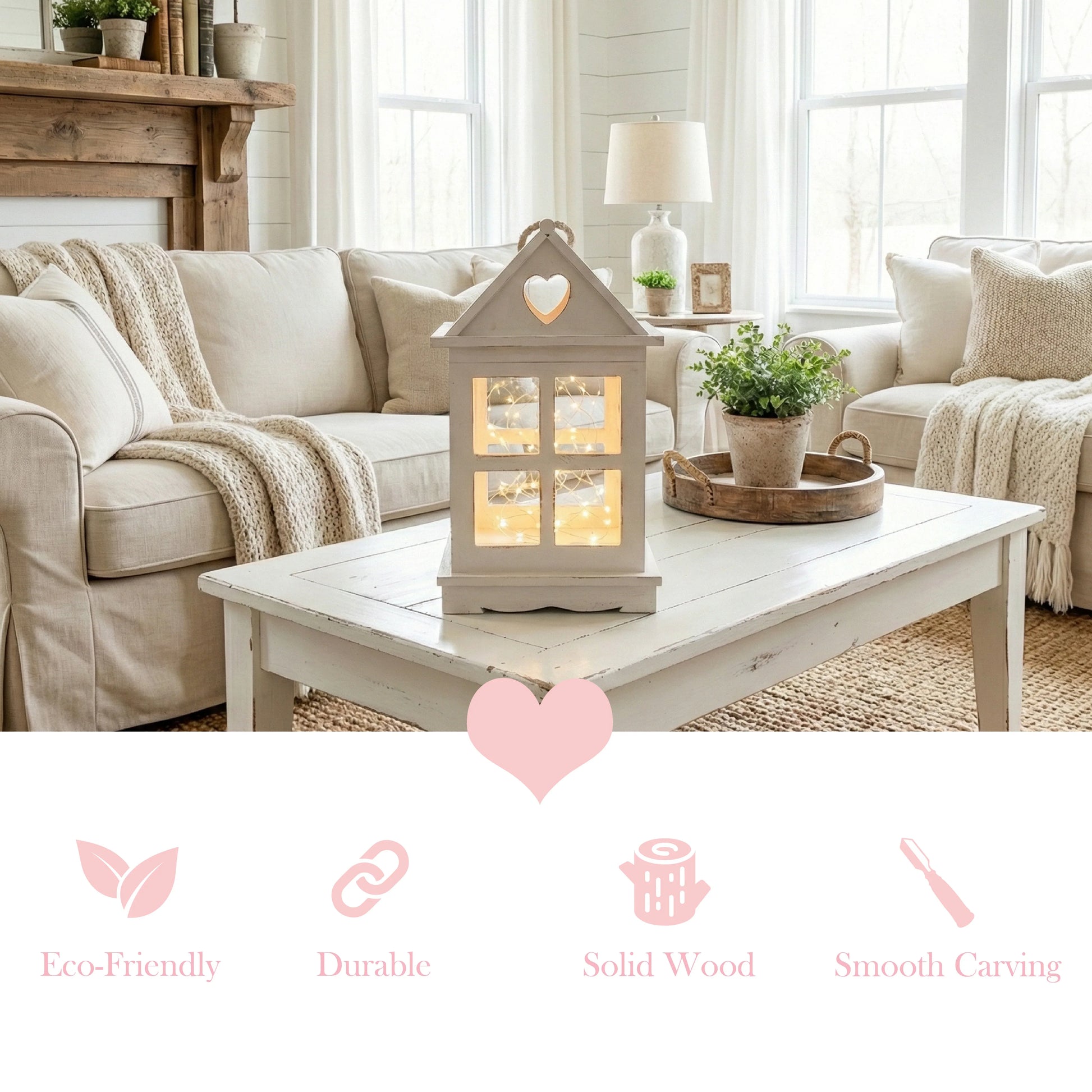 Rustic wooden heart cut- out lantern with led lights placed in the living room on wooden white table