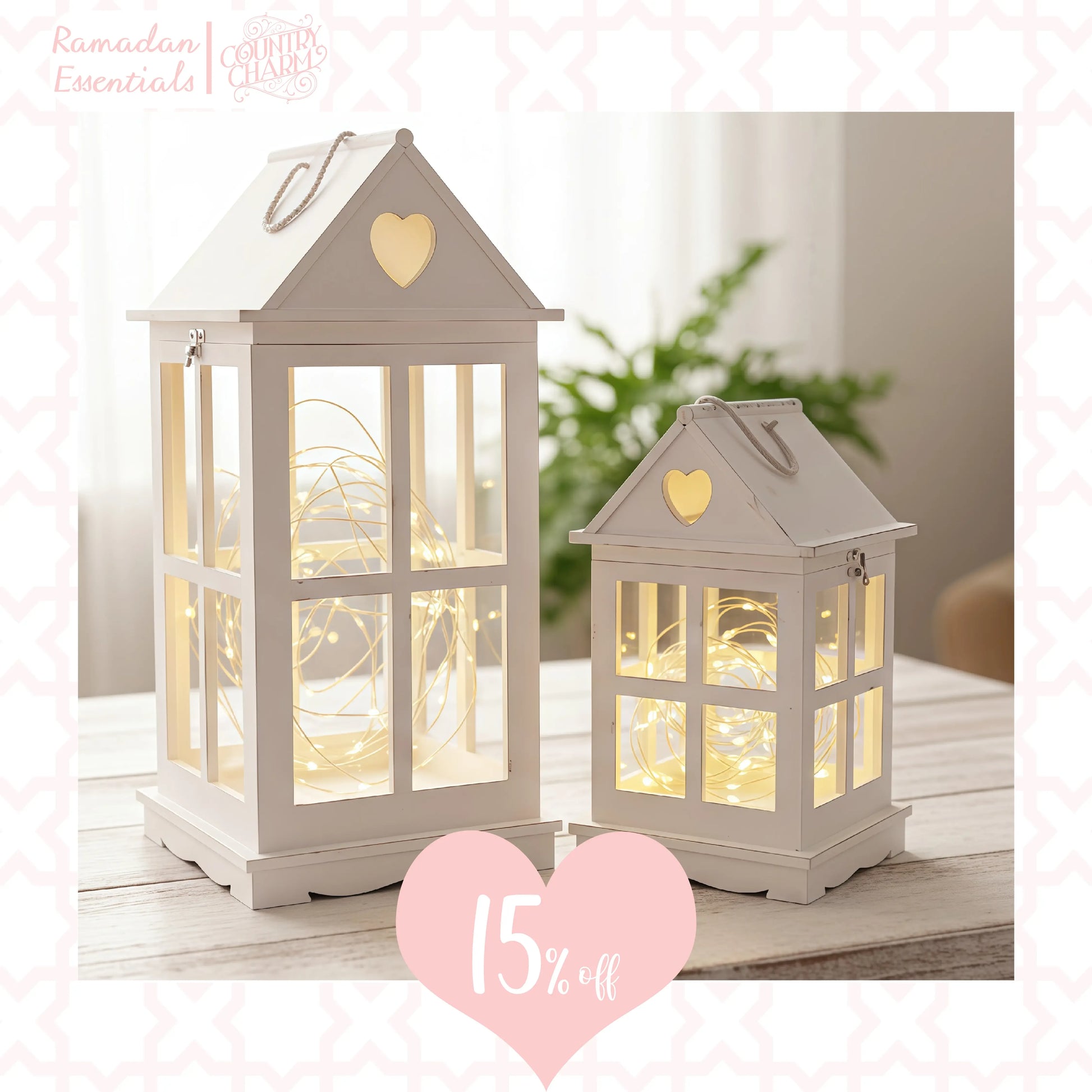 Ramadan lantern duo bundle with heart-shaped cutouts casting ambient light