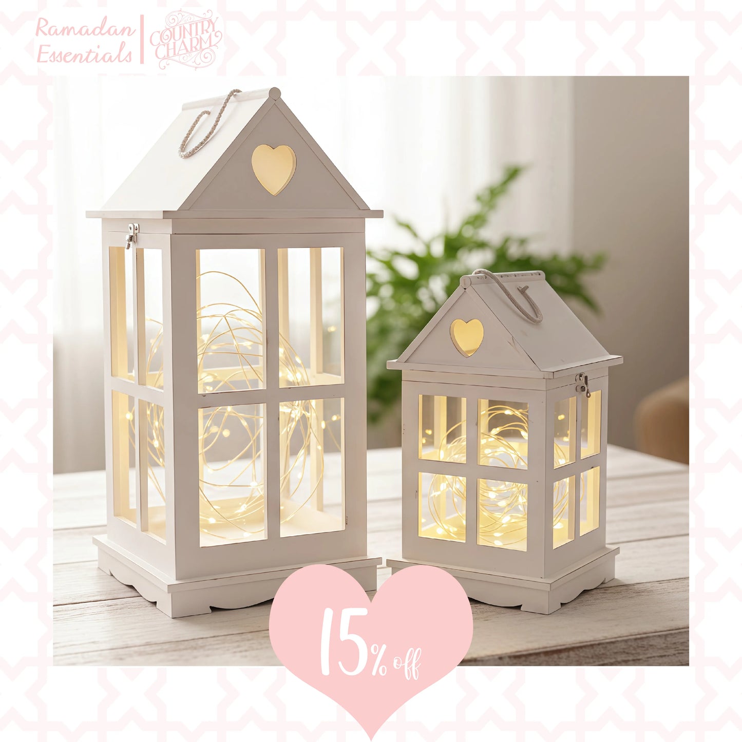 Ramadan lantern duo bundle with heart-shaped cutouts casting ambient light