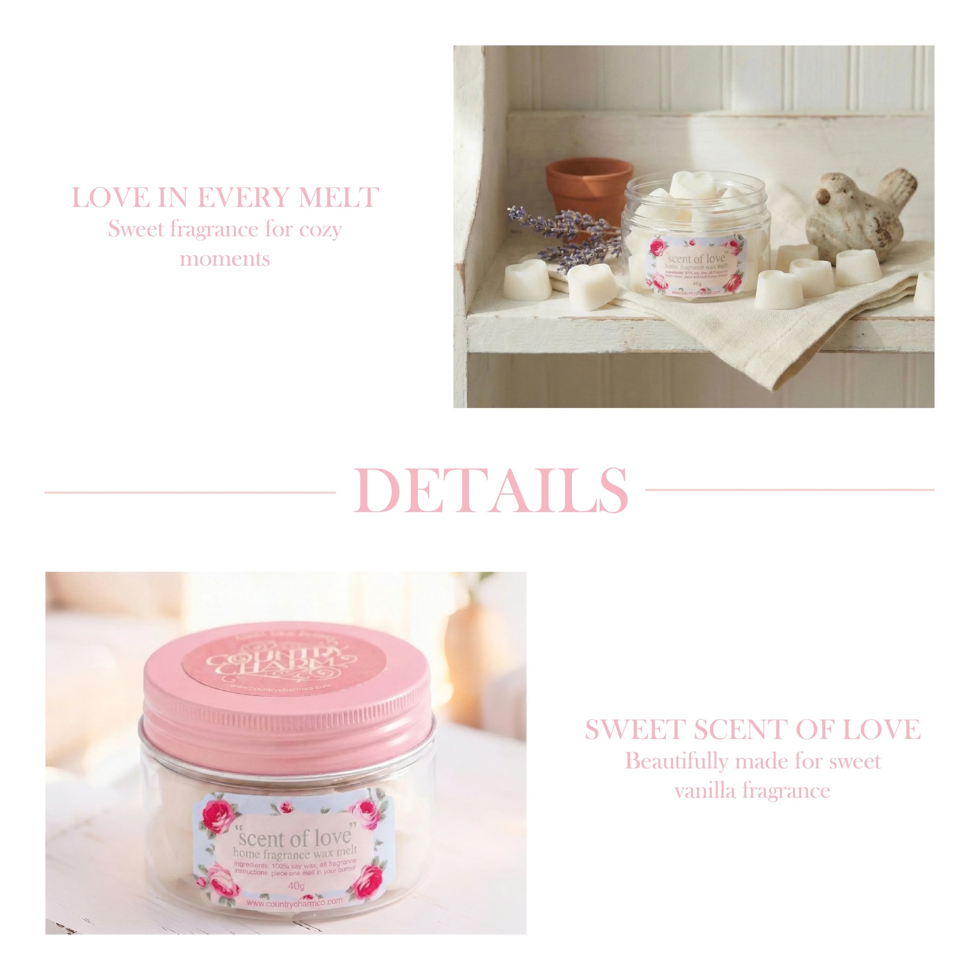 Jar of 'Scent of Love' candle with pink lid and floral design on a white surface.


