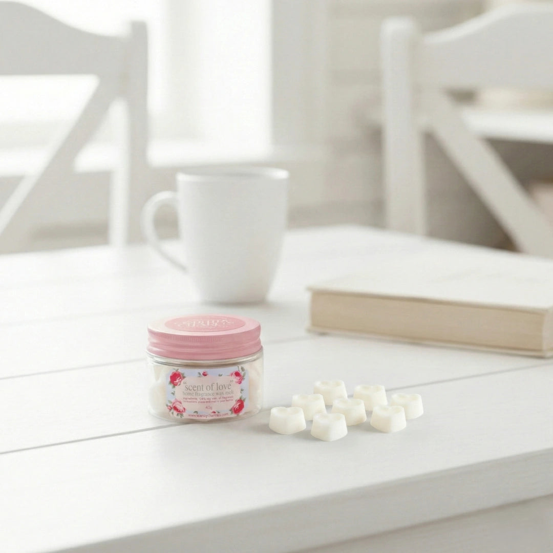 Scent of Love home fragrance soy wax melts jar on a bright white wooden table with matching chairs.