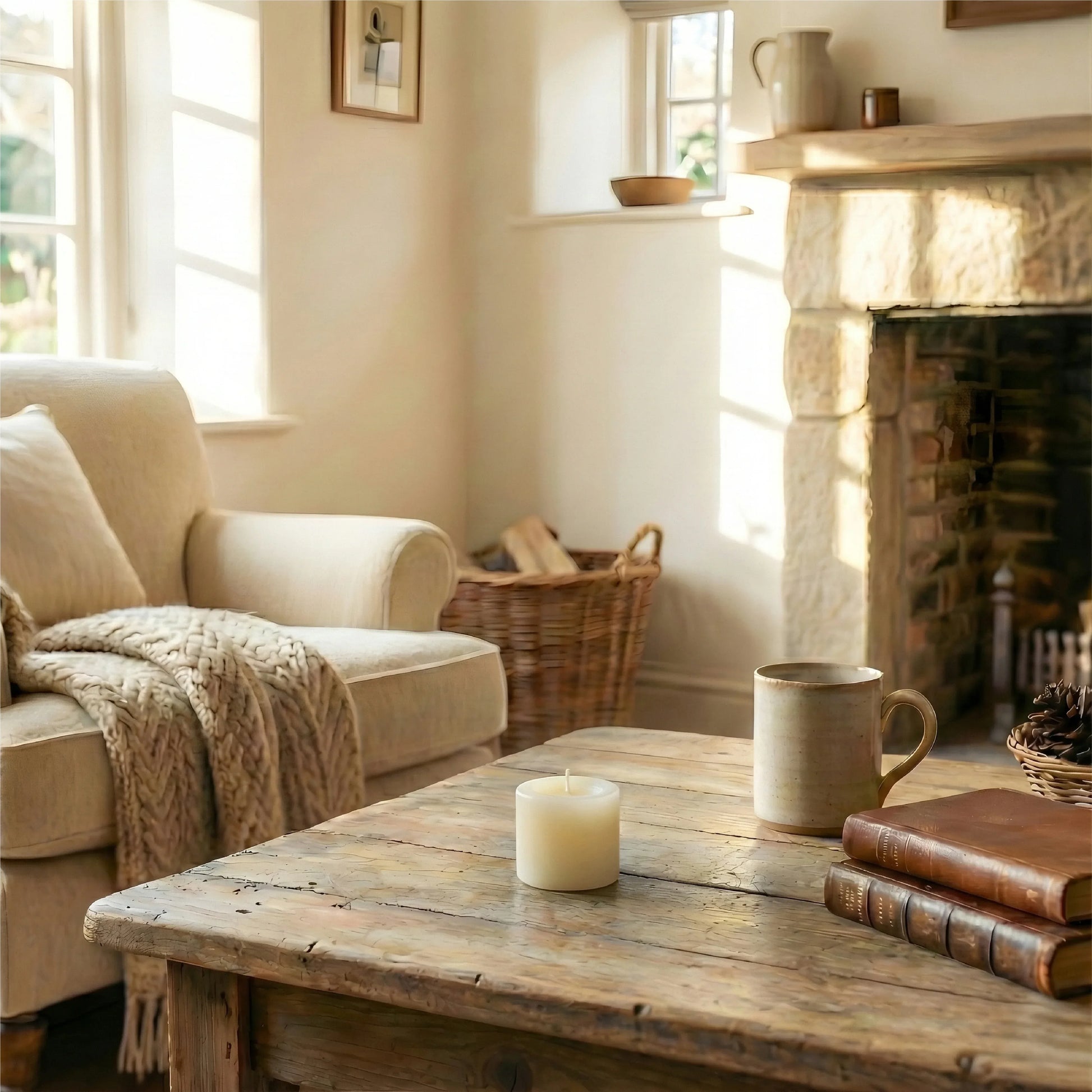 Shabby Chic Country Cottage Living Room lifestyle scene featuring a warm neutral armchair with a chunky knit throw, a rustic wooden coffee table holding a white pillar candle, a ceramic mug, and vintage books by a stone fireplace.