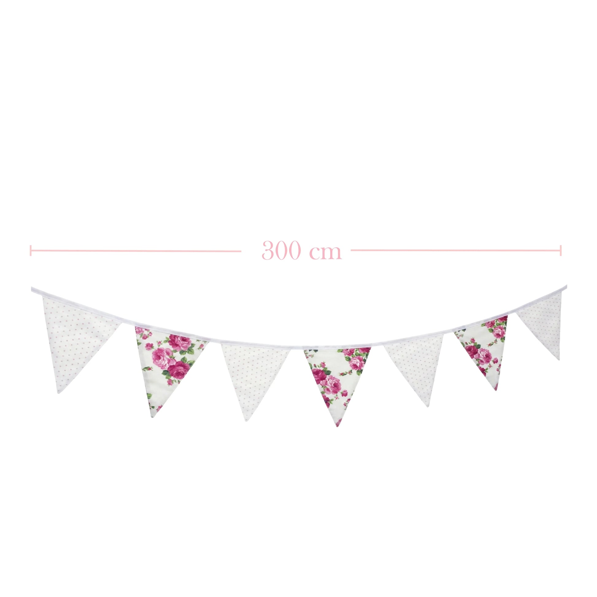 Shabby Chic Fleur & Polka Dot Pennant Banner Flag with a 300 cm length measurement displayed against a white background.