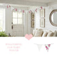 Shabby Chic Fleur & Polka Dot Pennant Banner Flag with floral rose and neutral polka dot patterns, styled across a bright farmhouse entryway with "Welcoming Country Touch" text.