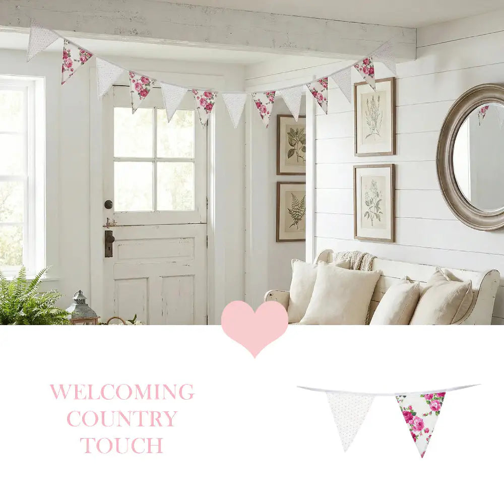 Shabby Chic Fleur & Polka Dot Pennant Banner Flag with floral rose and neutral polka dot patterns, styled across a bright farmhouse entryway with "Welcoming Country Touch" text.
