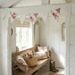 Shabby Chic Fleur & Polka Dot Pennant Banner Flag with floral rose and neutral polka dot patterns, hanging from a white rustic wooden beam in a farmhouse entryway with a wooden bench and "Timeless Style" aesthetic.