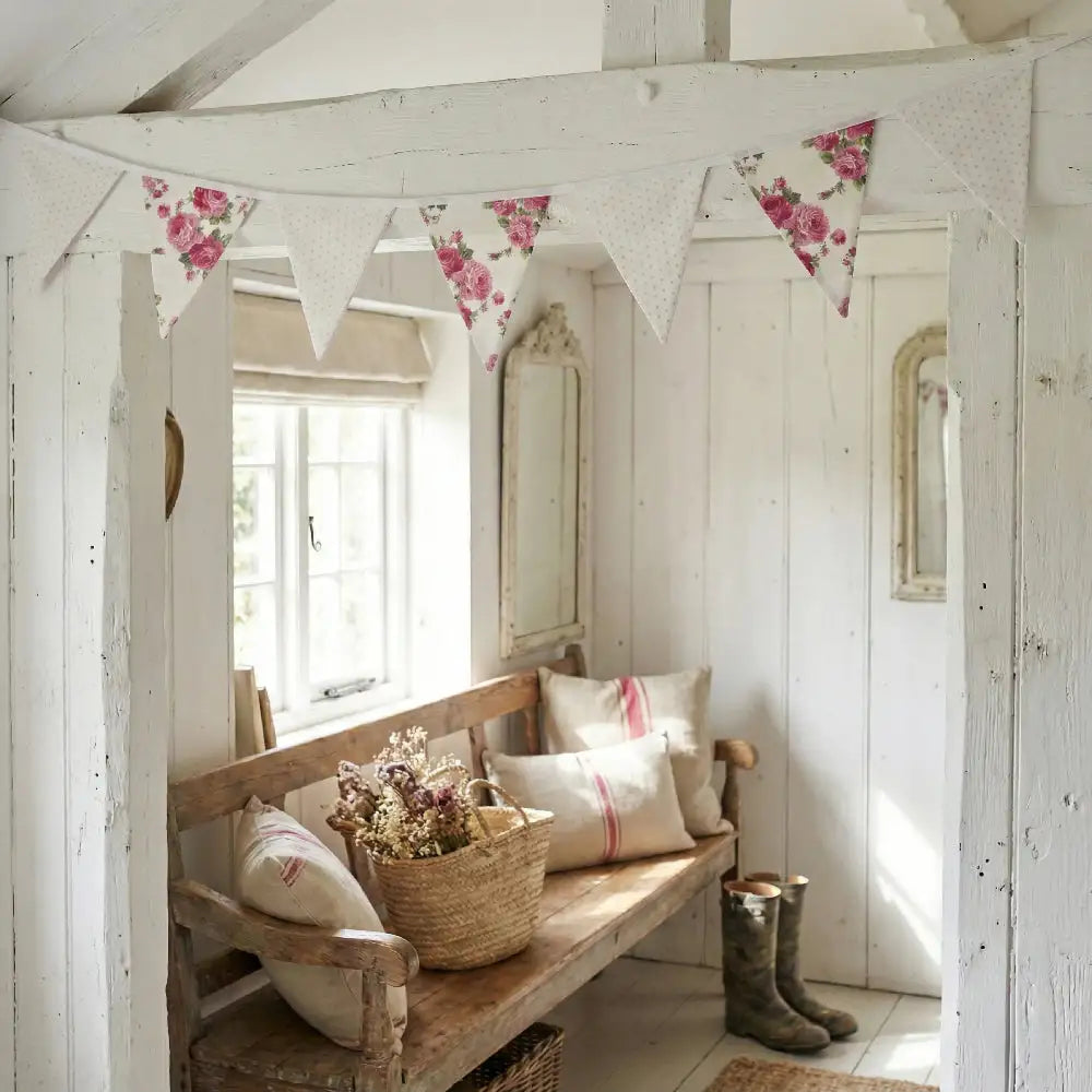 Shabby Chic Fleur & Polka Dot Pennant Banner Flag with floral rose and neutral polka dot patterns, hanging from a white rustic wooden beam in a farmhouse entryway with a wooden bench and "Timeless Style" aesthetic.