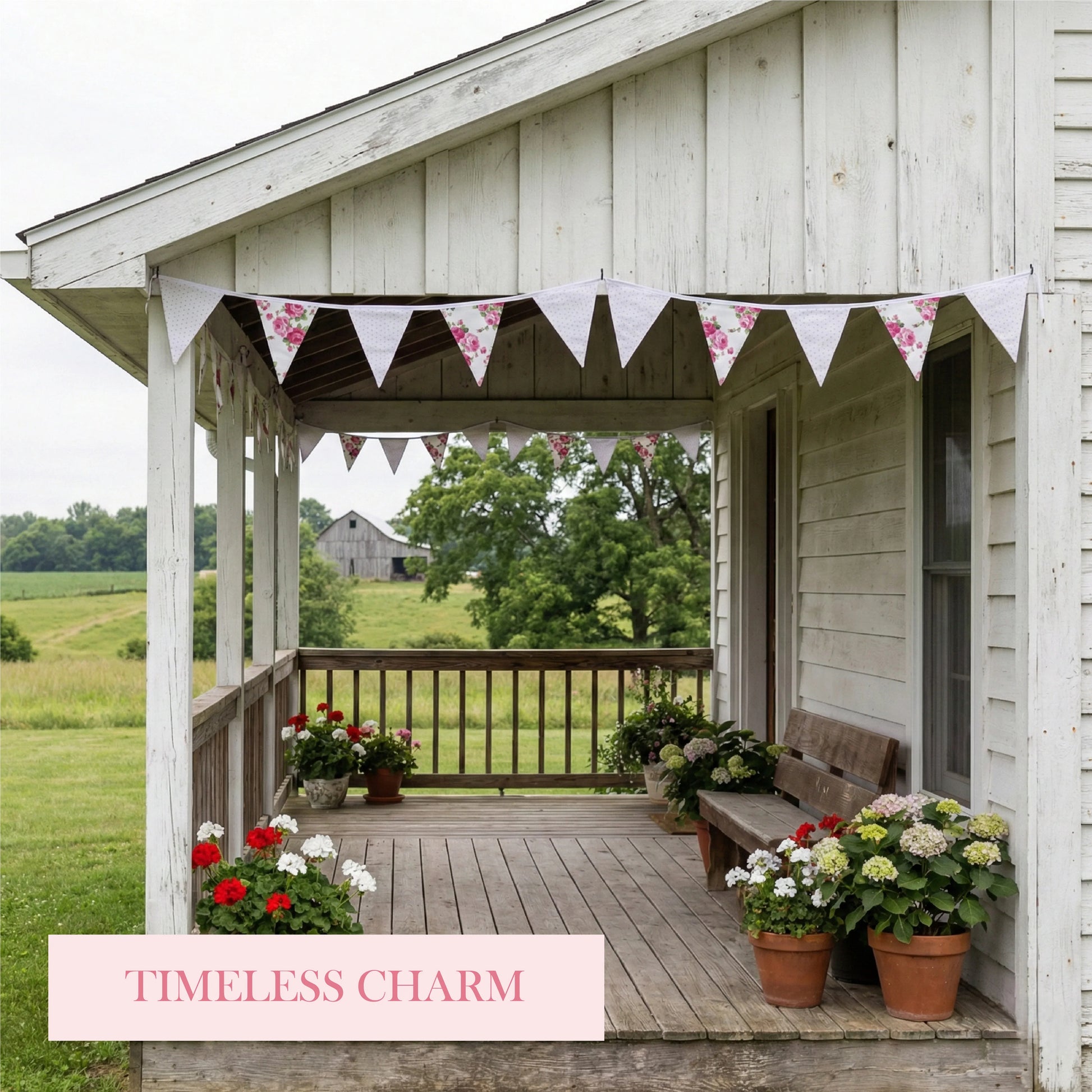 Shabby Chic Fleur & Polka Dot Pennant Banner Flag with floral rose and neutral polka dot patterns, hanging on a rustic white farmhouse porch with potted flowers and "Timeless Charm" text.