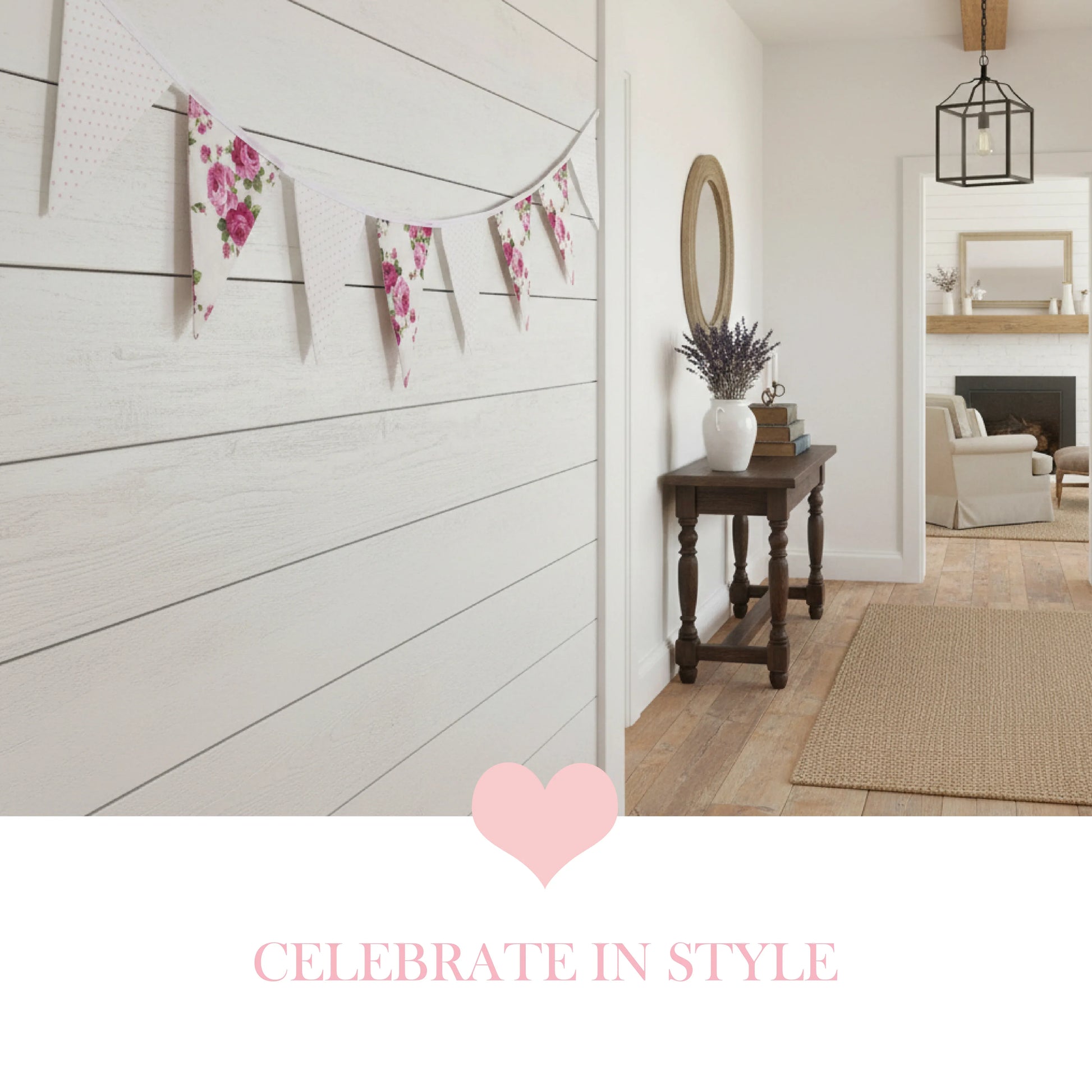 Shabby Chic Fleur & Polka Dot Pennant Banner Flag with alternating floral rose and neutral polka dot patterns, styled across a white shiplap wall in a farmhouse interior with "Celebrate in Style" text.