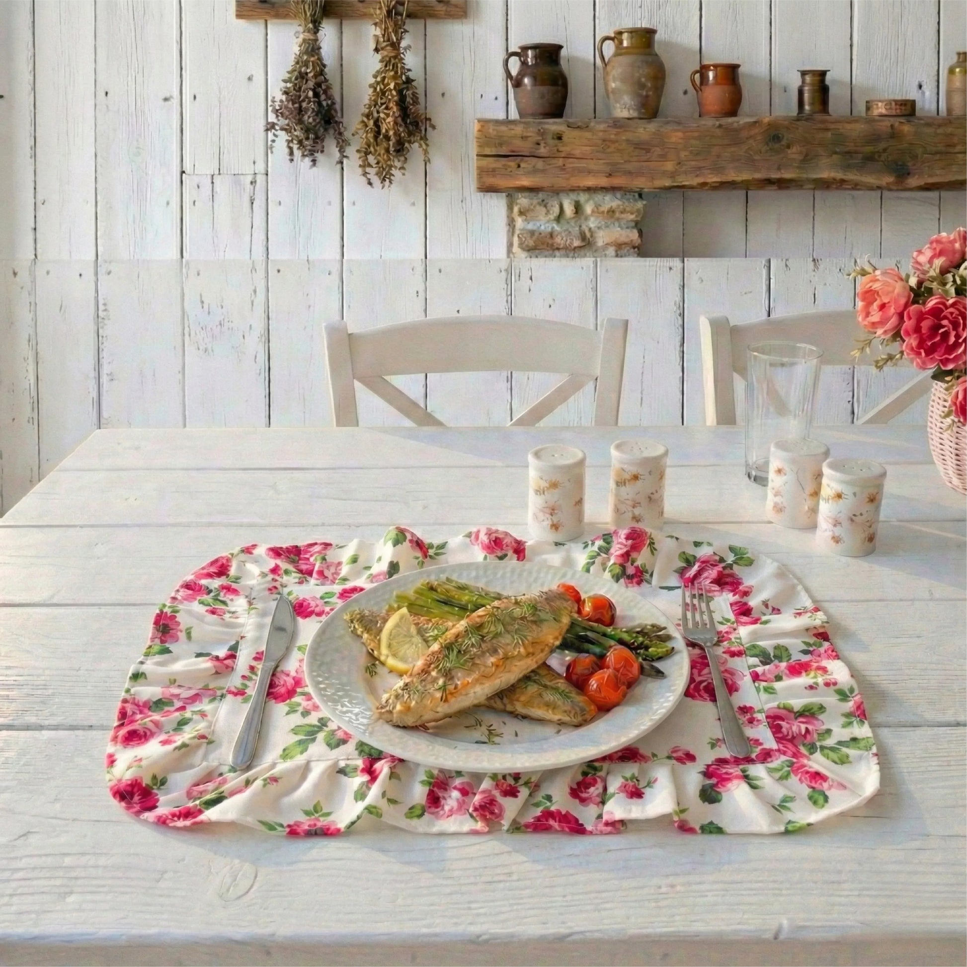 Grilled fish and vegetables on a white floral ruffled placemat on a white wooden table with rustic wall decor.