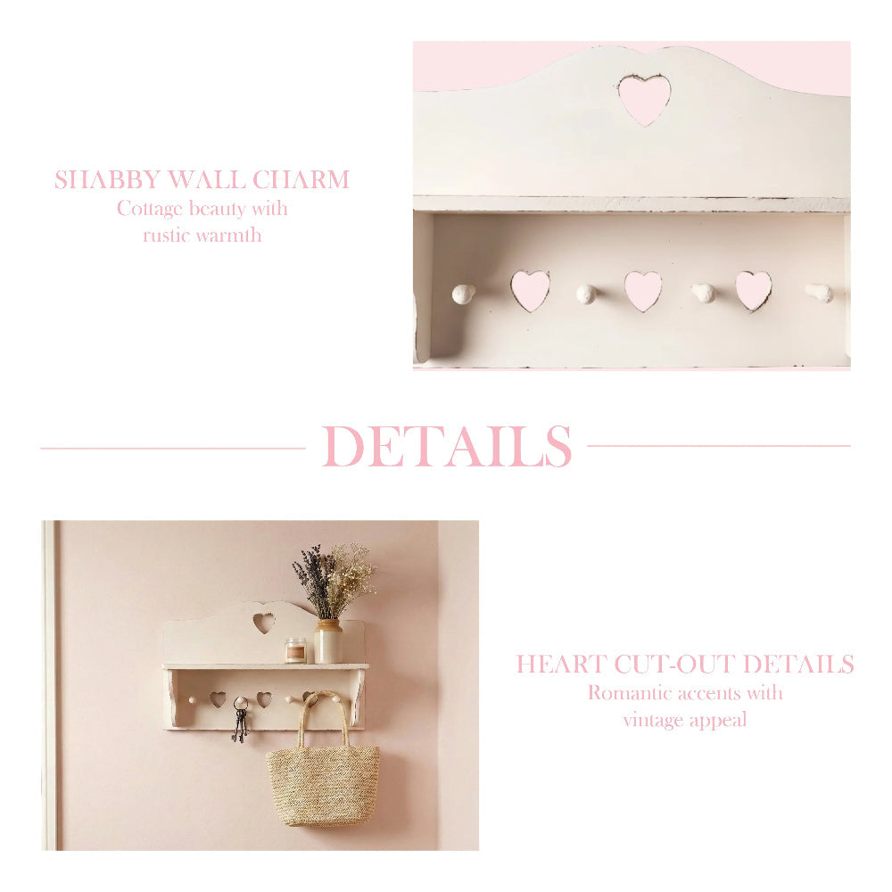 Shabby Chic Heart Cut-Out Wall Shelf holding keys basket for entryway organization