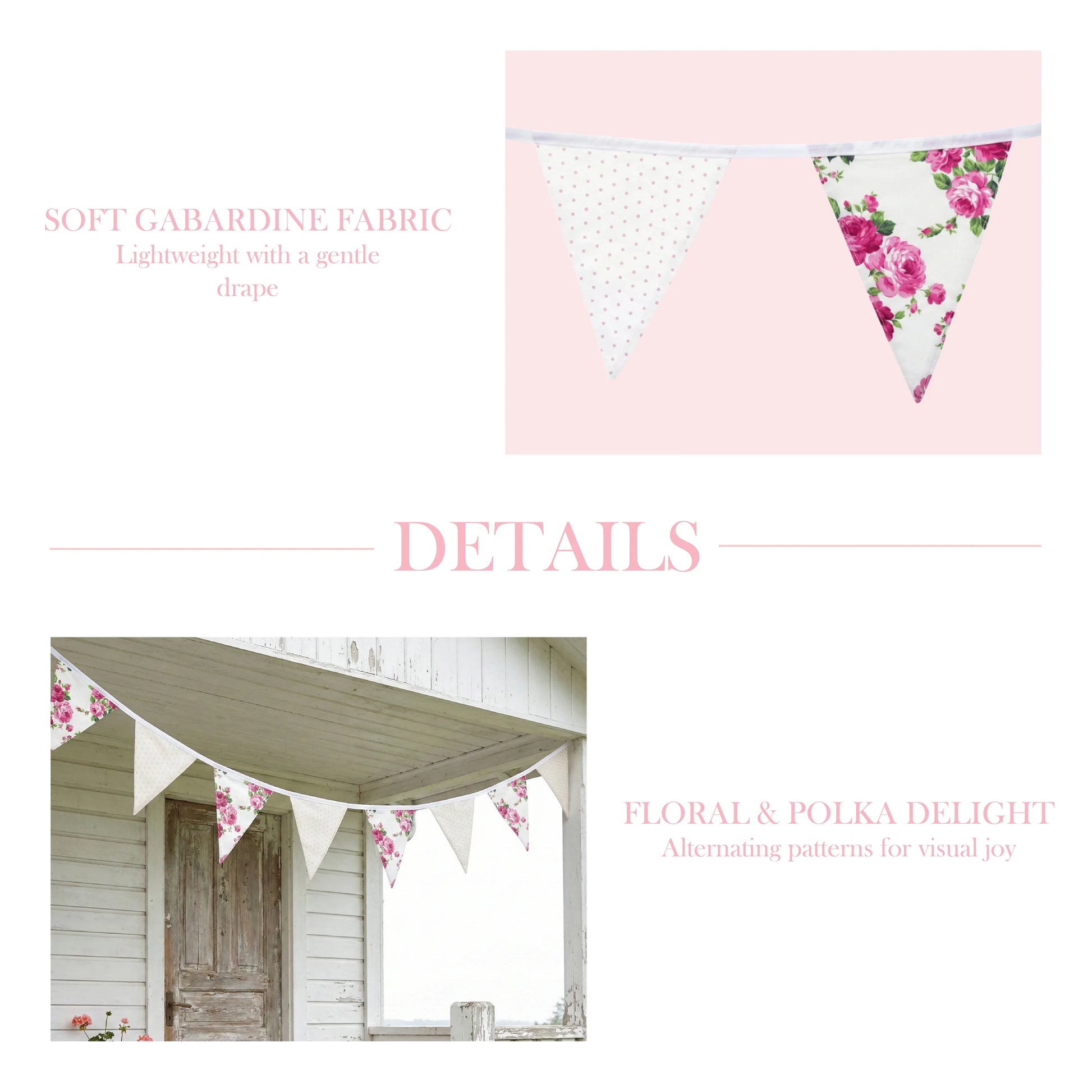 Decorative bunting with floral and polka dot patterns on a pink background.