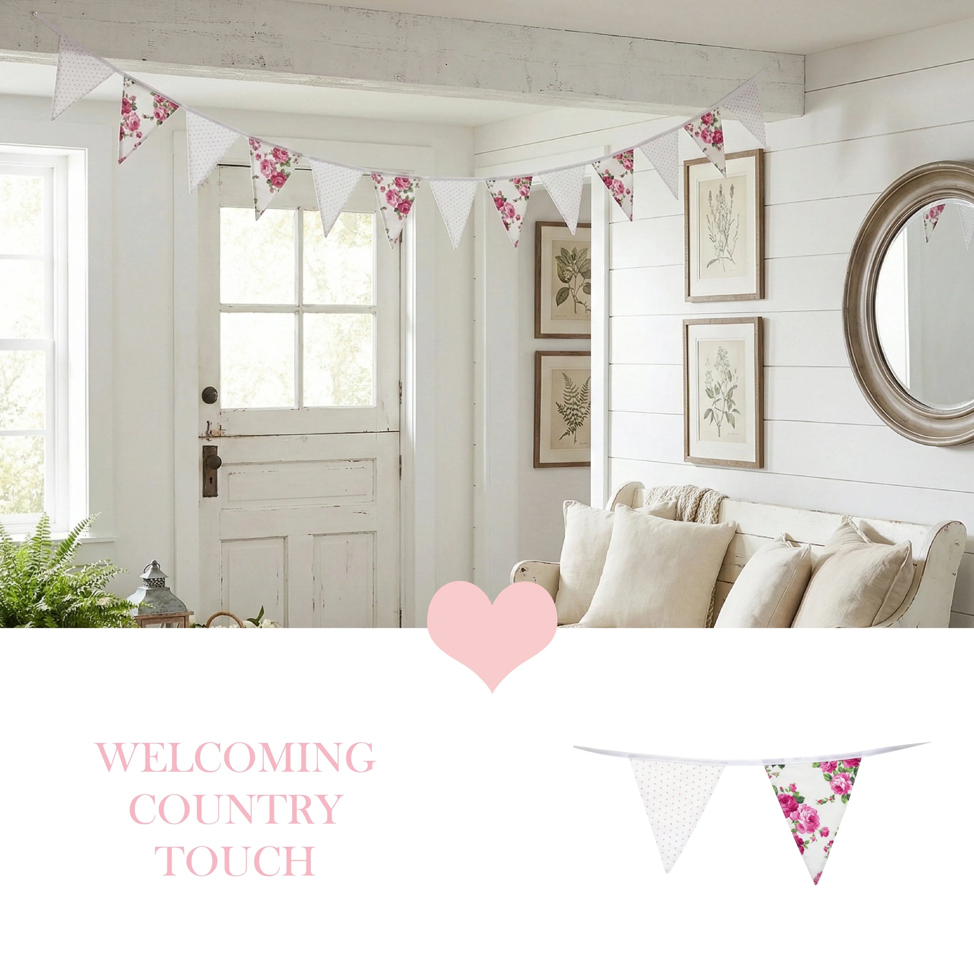 Living room with floral bunting, white walls, and decorative elements.
