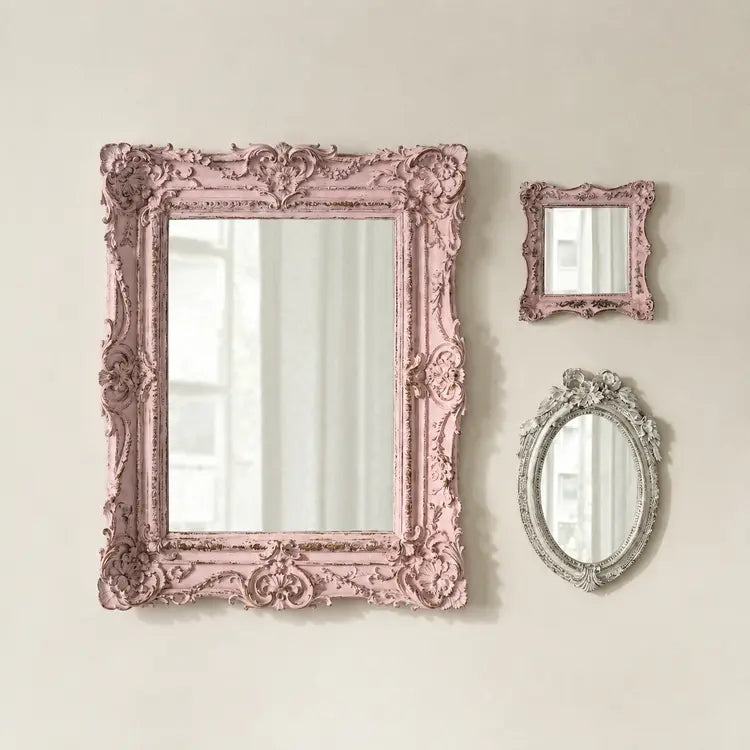Pretty shabby mirrors collage with pink and gray frames on a light beige wall.