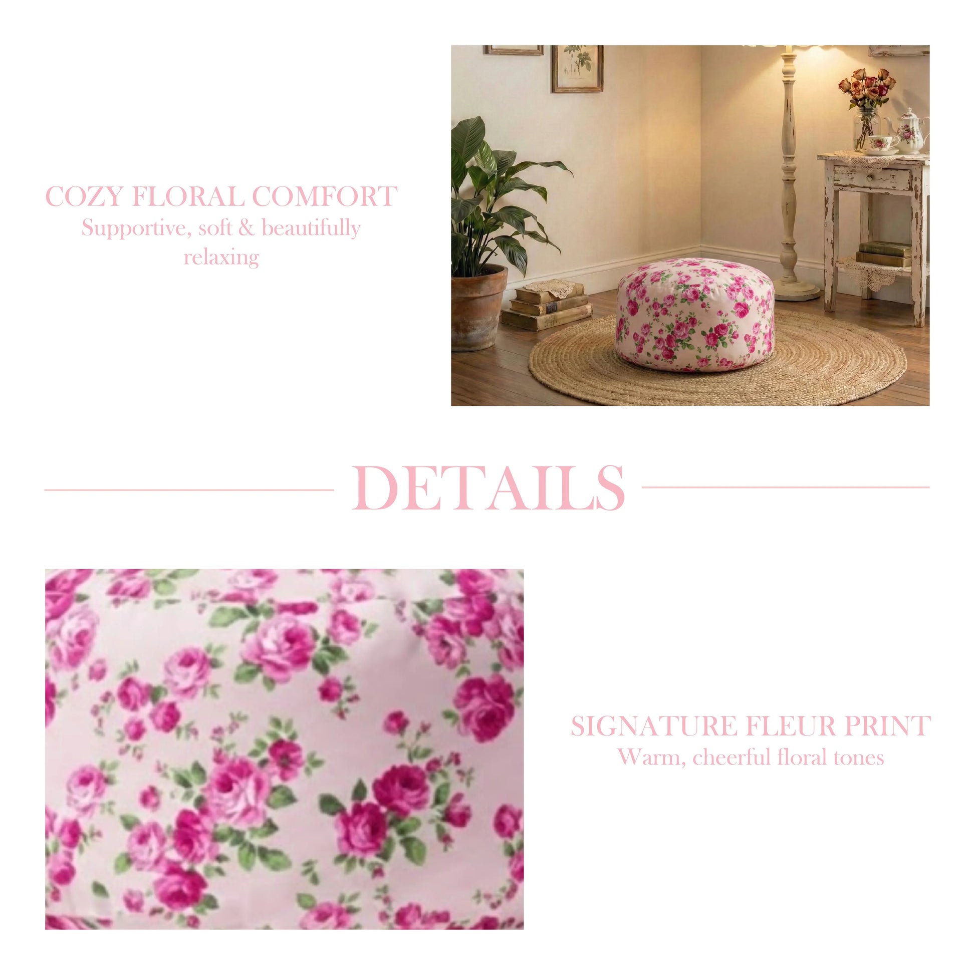 A lifestyle and detail view of a pink rose fleur pouf in a cottage-style room with a close-up of the signature floral print and text labels.
