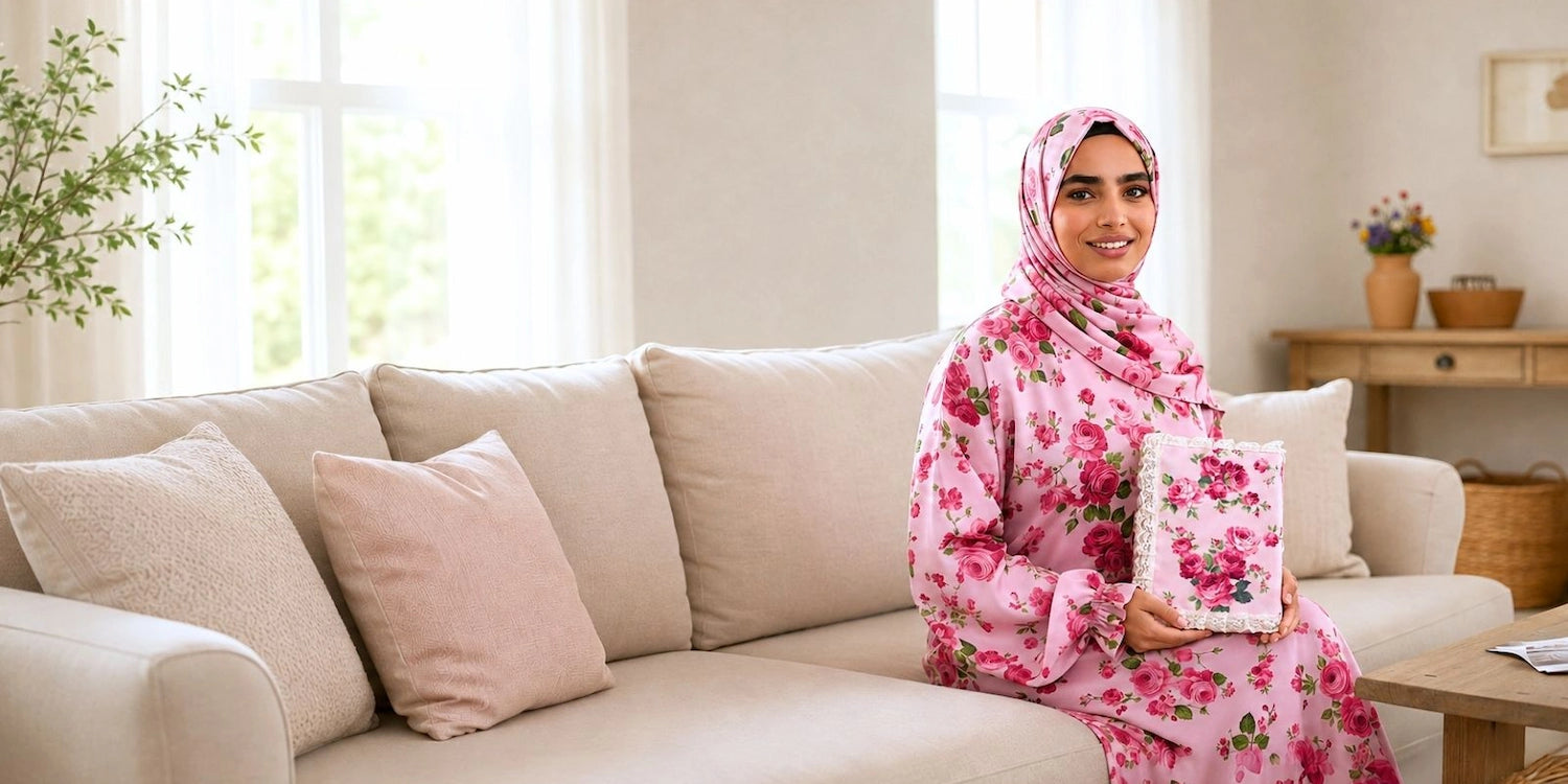 Isdal prayer dress worn by girl with fleur quran cover.