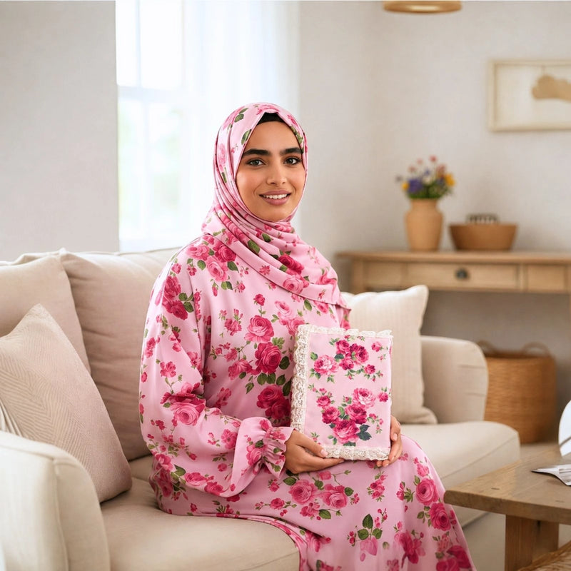 Isdal prayer dress worn by girl with fleur quran cover.