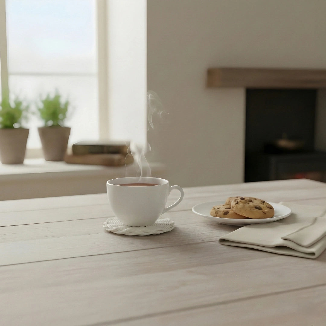 Steaming cup of coffee on a wooden table with cookies and plants in the background