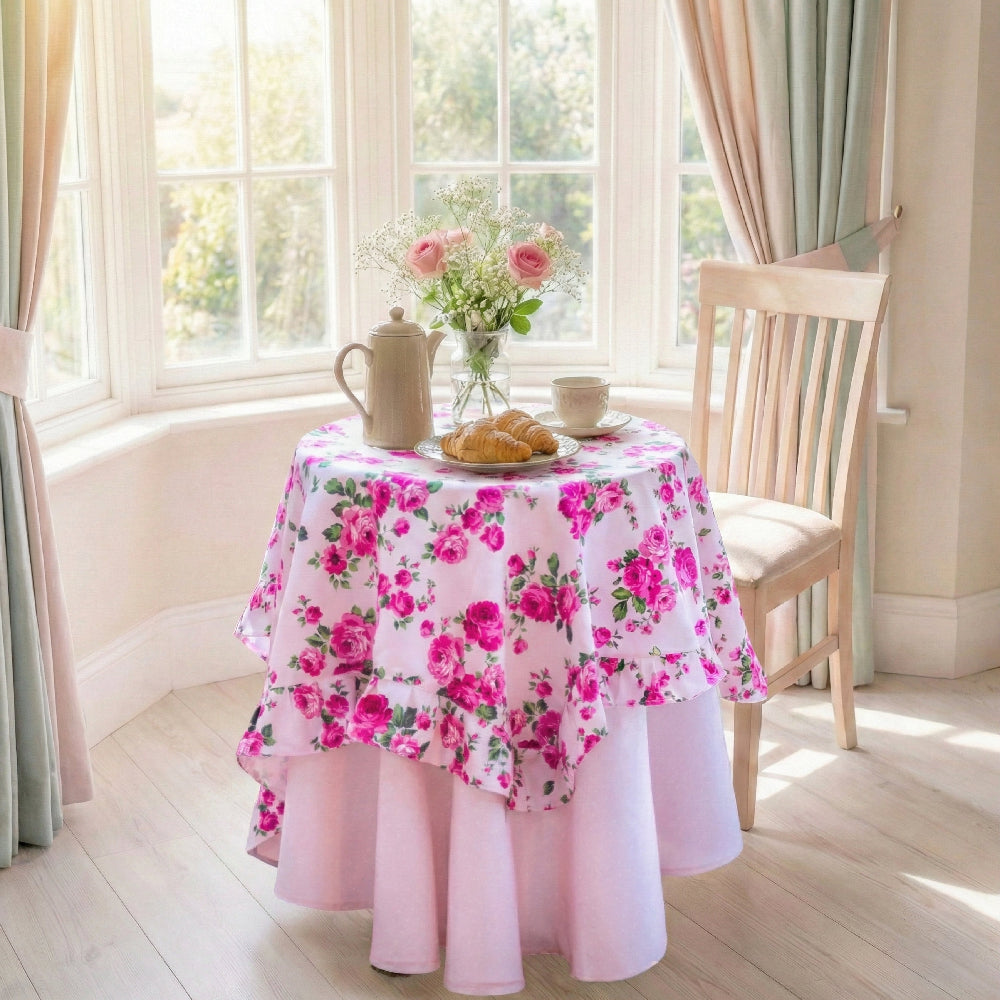 Table with floral tablecloth in a bright room with large windows.
