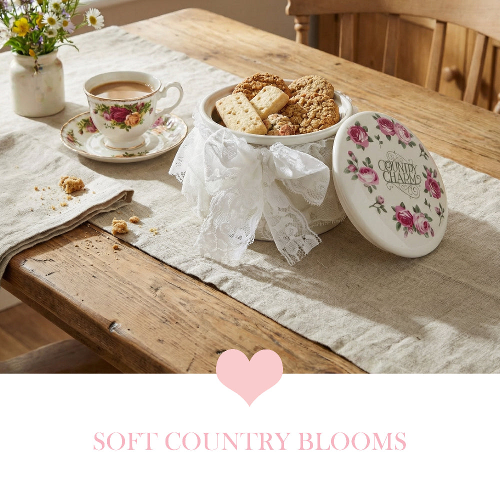 Tea cup with cookies on a wooden table with 'Soft Country Blooms' branding.