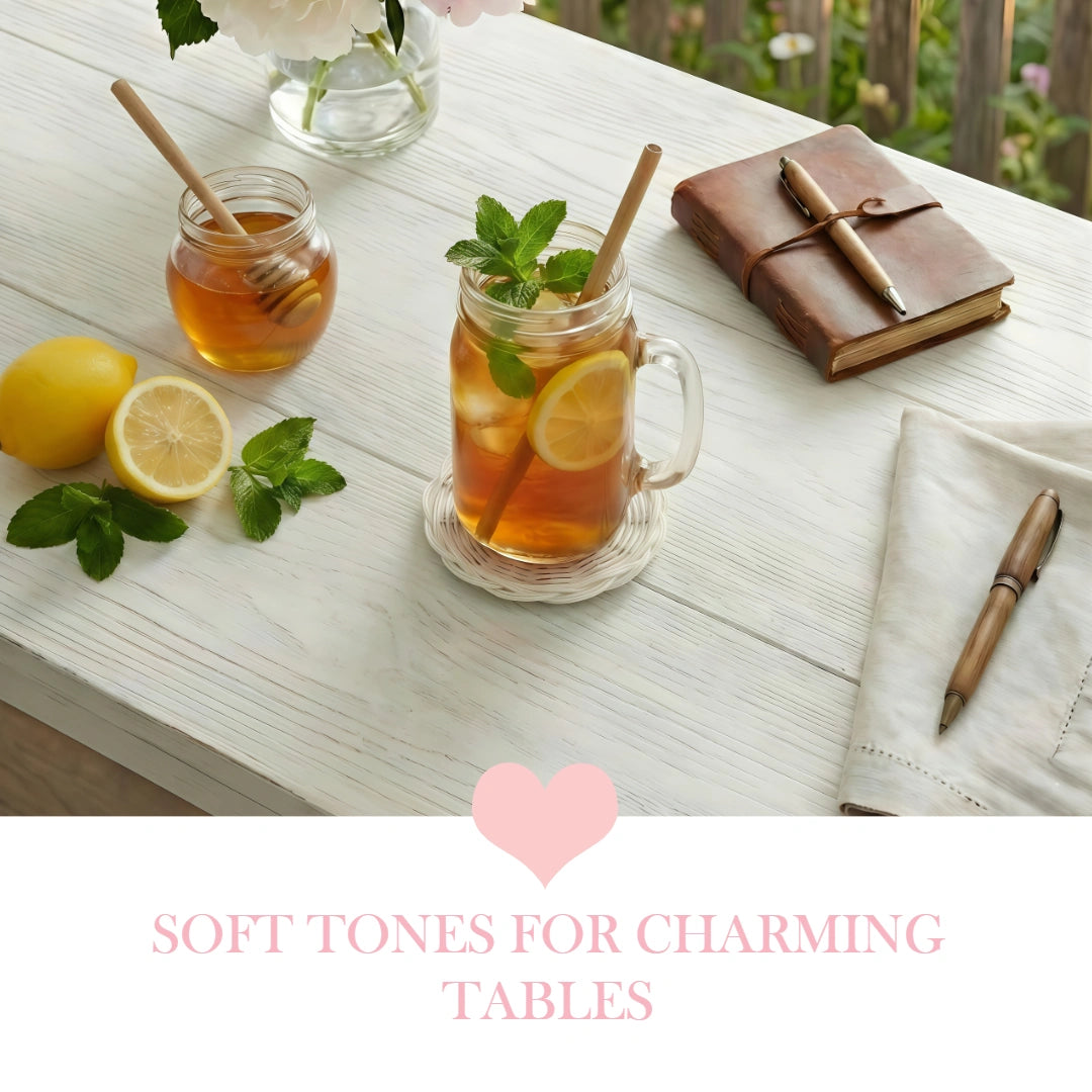 Tea with lemon and mint on a table with a notebook and pen, soft tones for charming tables.