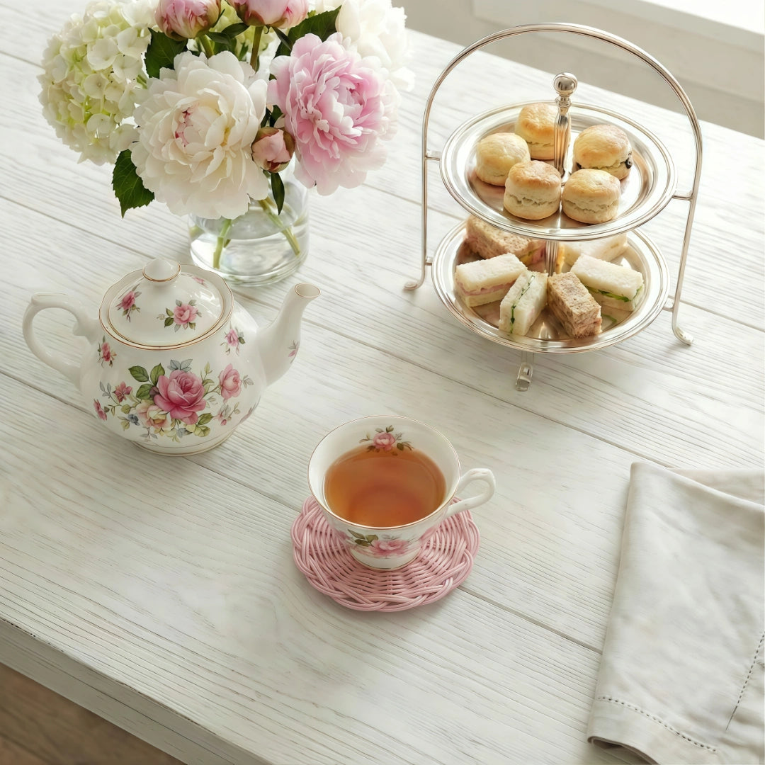 Tea set with teapot, cup, and cookies on a table with flowers.