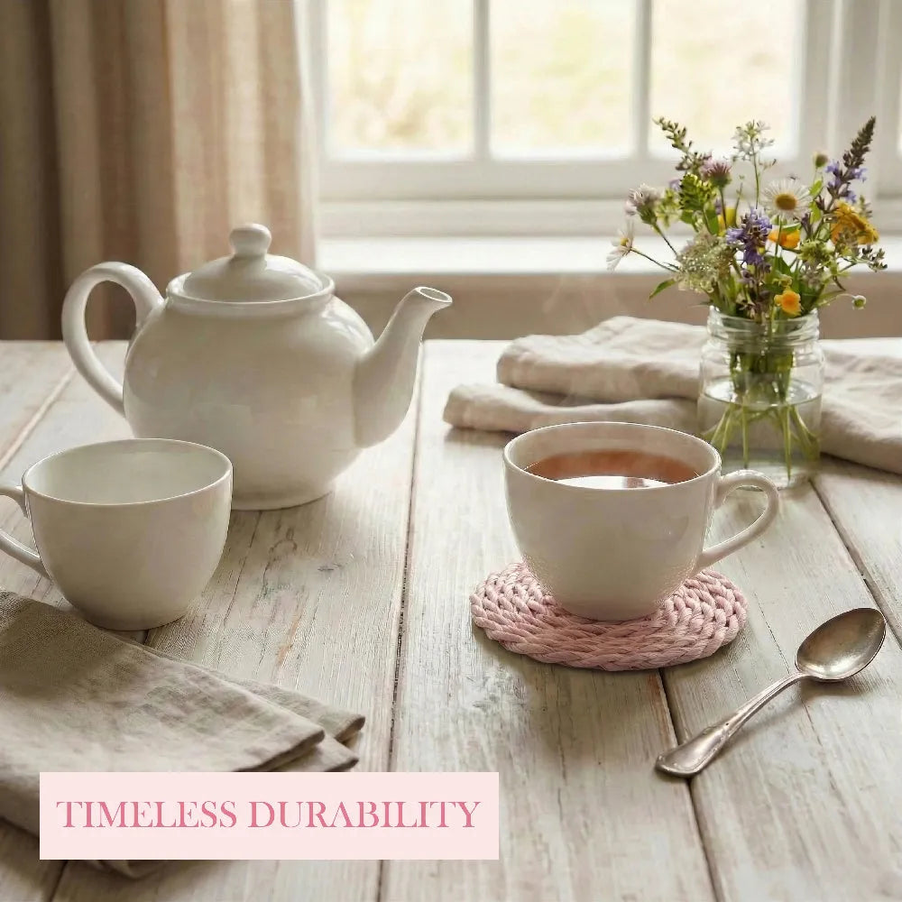 Tea set with teapot, cups, and a spoon on a wooden table with 'Timeless Durability' text.