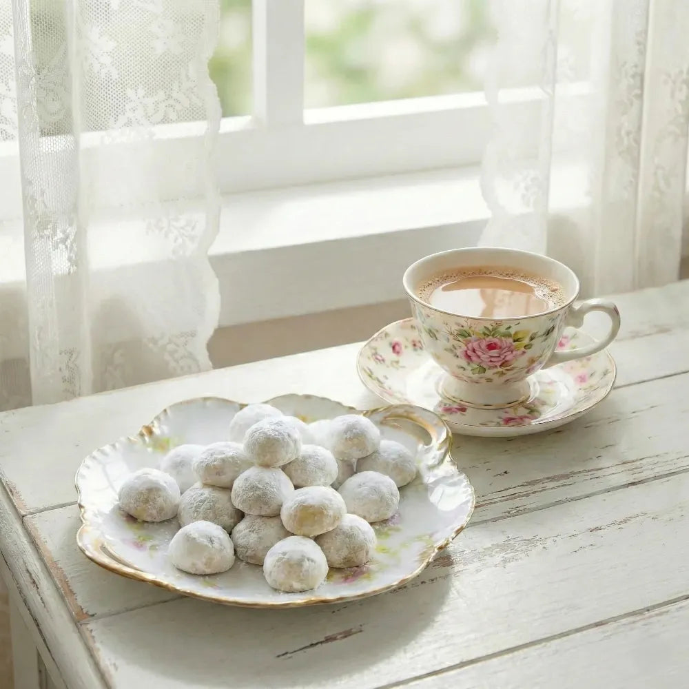 Teacup with kahk treat on a white wooden table near a window with lace curtains.