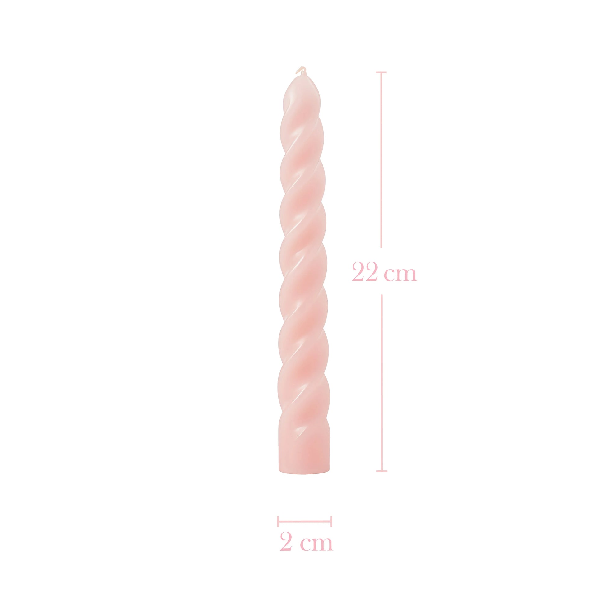 Pink twisted candle with measurements on a white background