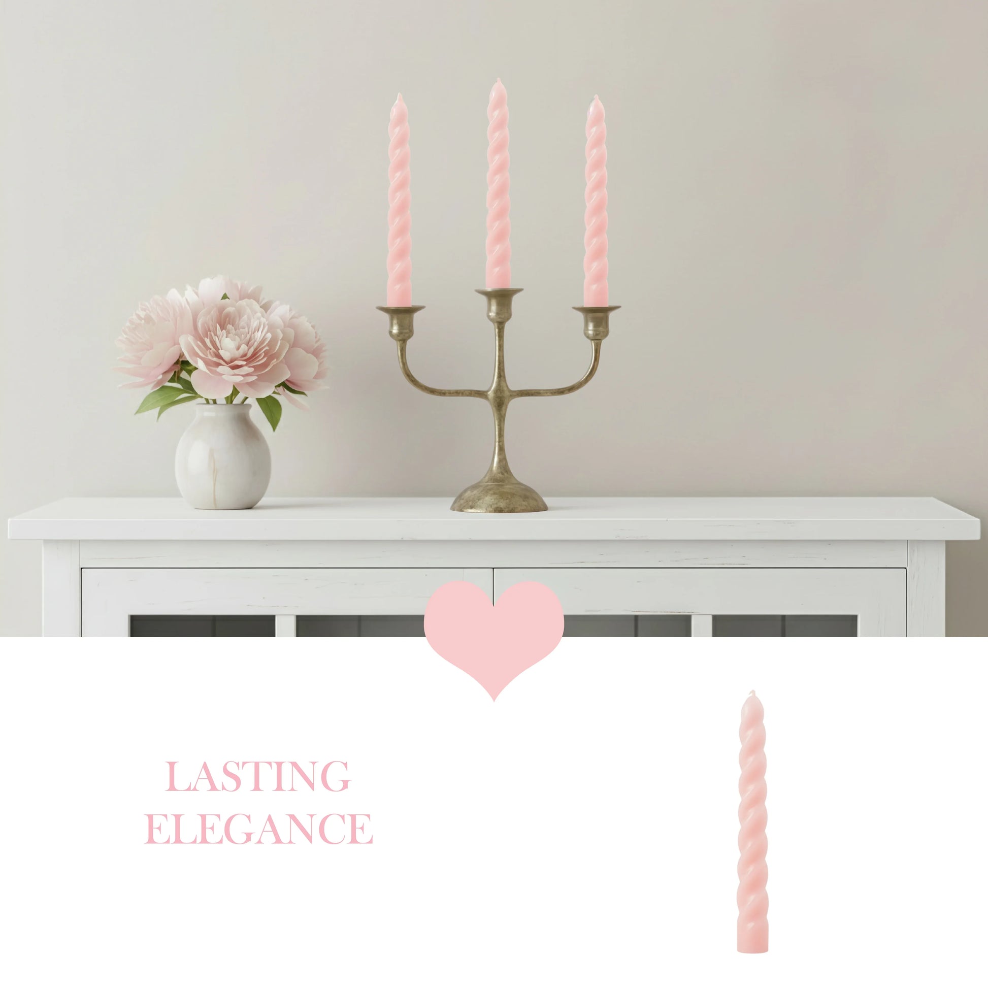 Decorative setup with pink candles, a vase of flowers, and a candelabra on a white surface.