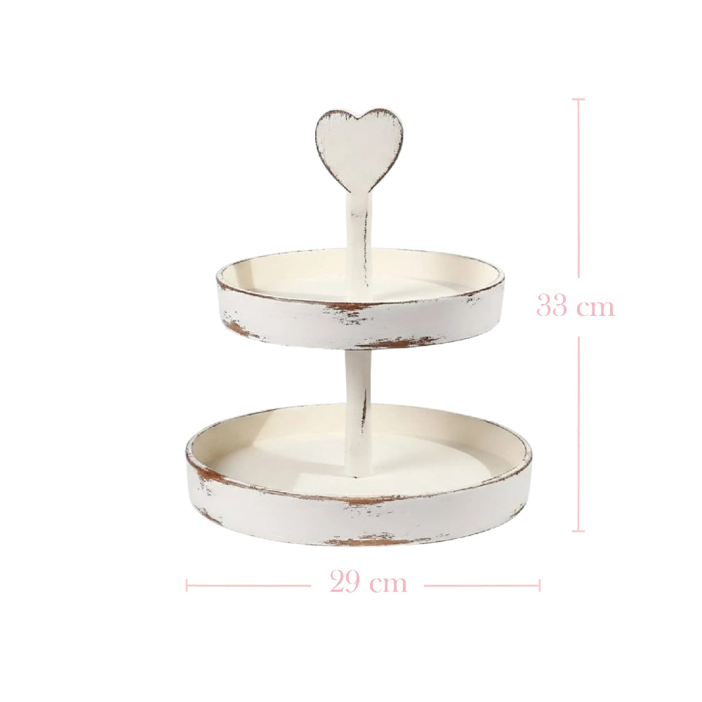 Two-tier distressed white wooden tray with a heart handle, measuring 33 cm in height and 29 cm in width.